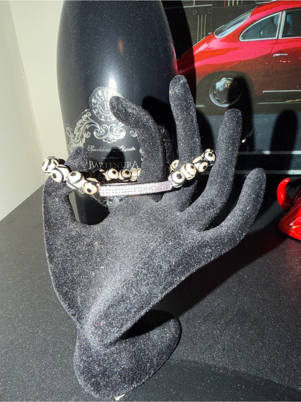 Genuine Agate Beaded Bar Stretch Bracelet with Pavé Crystal Bar -NWT
